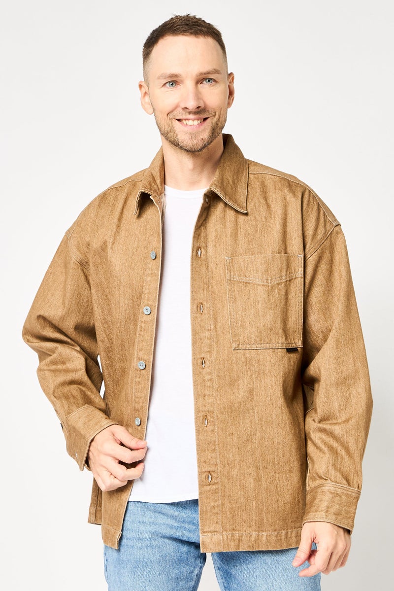 G-Star RAW جاكيت جينز طويل الأكمام للرجال بتصميم واسع، تان - Image 1