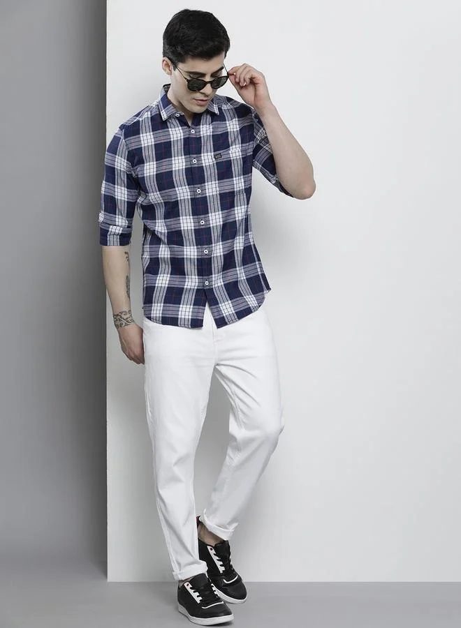 The Indian Garage Co Navy Blue Checked Casual Shirt for Men