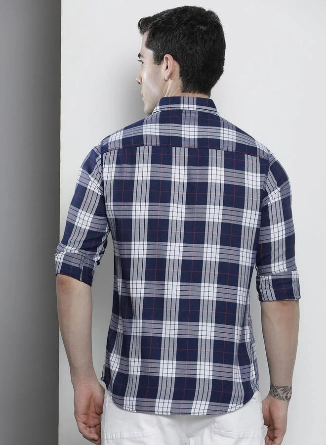 The Indian Garage Co Navy Blue Checked Casual Shirt for Men