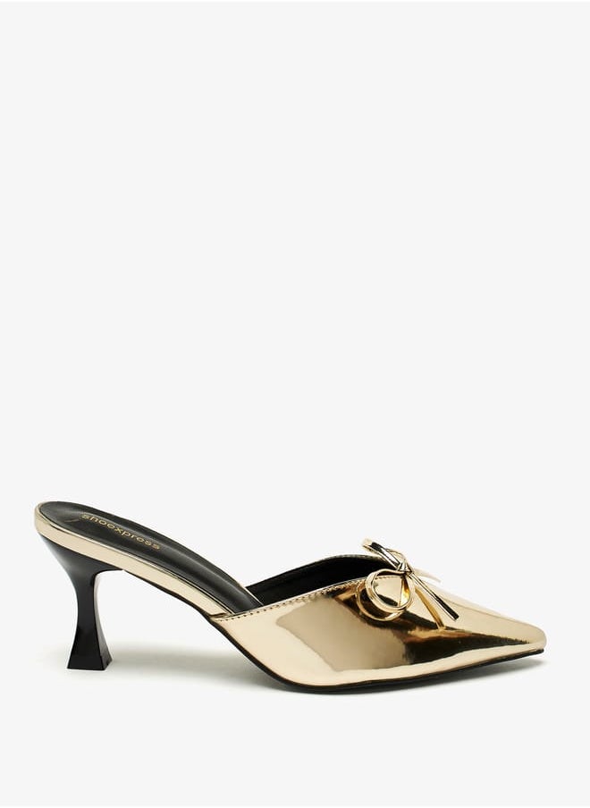 shoexpress - Women Metallic Glazed Mules with Bow Accent and Stiletto Heels - Image 1