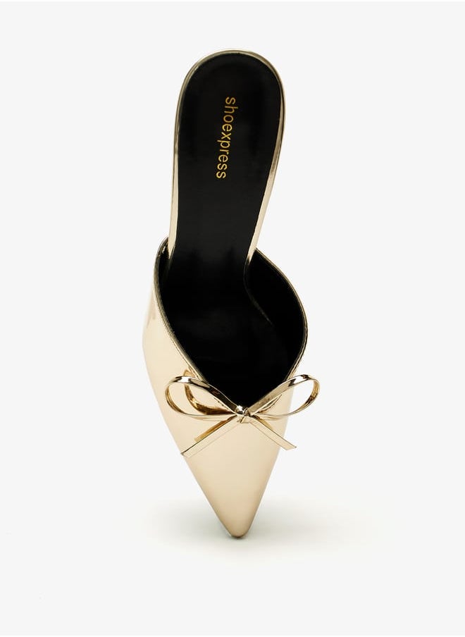 shoexpress - Women Metallic Glazed Mules with Bow Accent and Stiletto Heels - Image 1