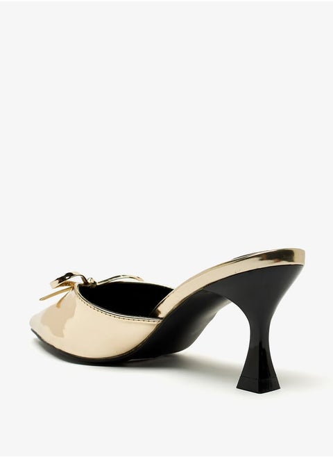 Women Metallic Glazed Mules with Bow Accent and Stiletto Heels