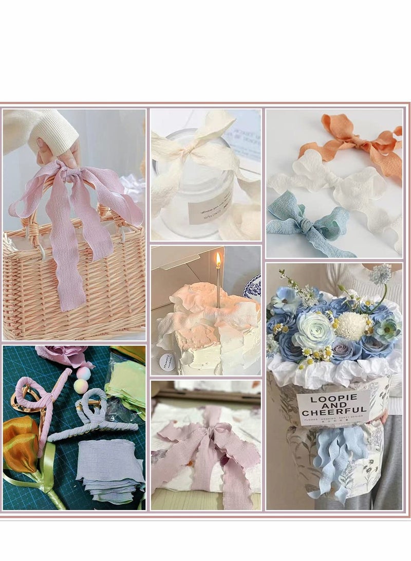 Chiffon Silk Ribbon Gauze 4 Rolls Cotton Texture Lotus Leaf Edge Ribbons Set for Wedding Invitations, Bridal Bouquets, Gifts Wrapping, DIY Crafts - Image 4