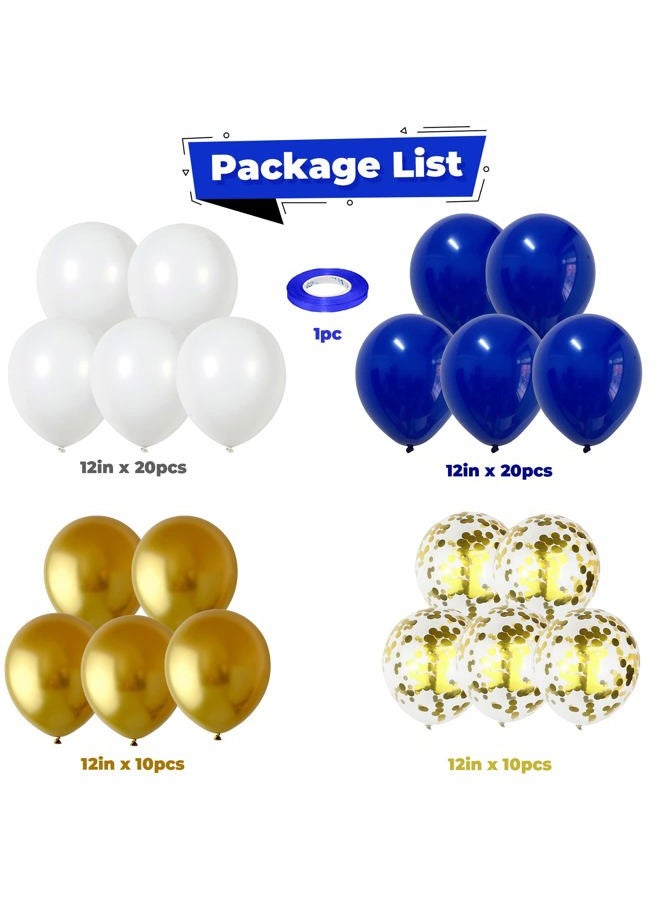 Isndare Balloons Royal Blue White Gold Balloons for Graduation Decorations Metallic Chrome Gold Confetti 12inch Dark Deep Blue White Latex Balloon for Birthday Party Anniversary Baby Shower - Image 2