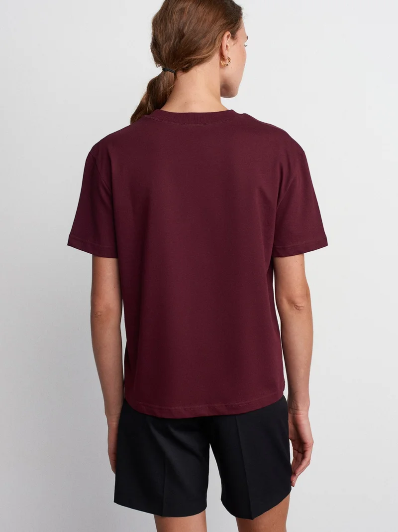 Dilvin 30312 Decorative Stitched Crew Neck T-shirt-Burgundy