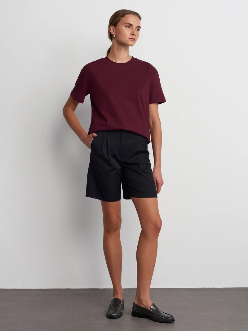 Dilvin 30312 Decorative Stitched Crew Neck T-shirt-Burgundy