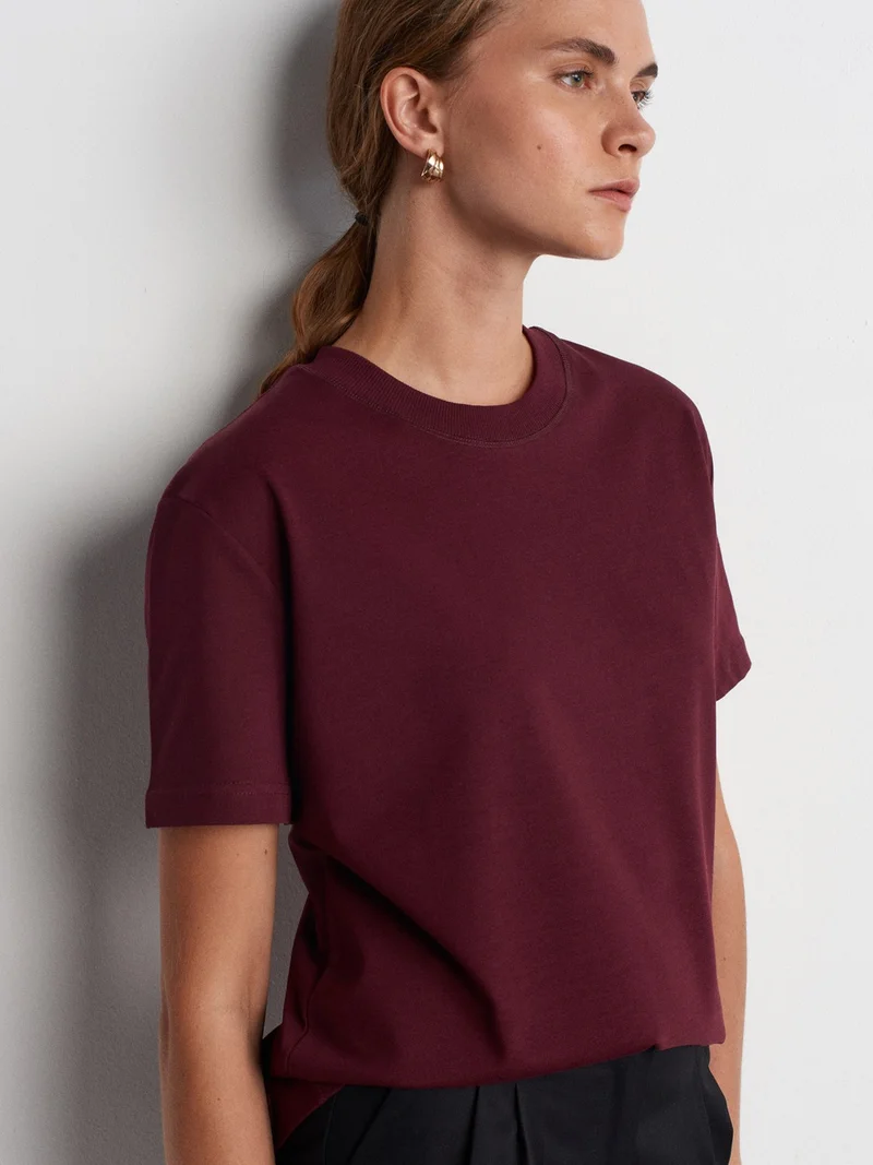 Dilvin 30312 Decorative Stitched Crew Neck T-shirt-Burgundy