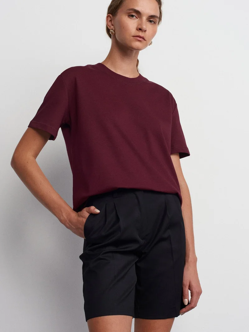 Dilvin 30312 Decorative Stitched Crew Neck T-shirt-Burgundy