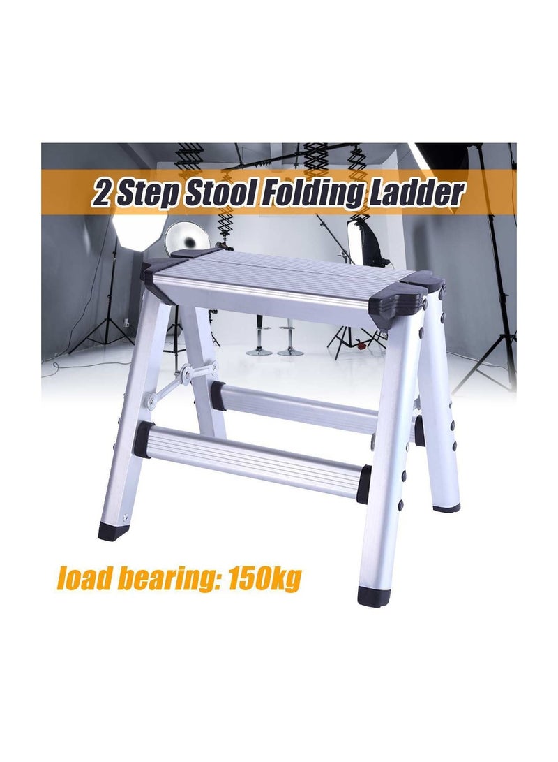 150KG Maximum Load 2 Step Stool Folding Ladder Anti Slip Safety Aluminum Platform - Image 2