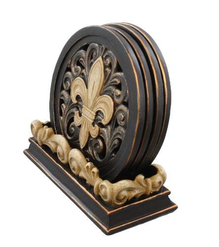 LL Home Fleur-De-Lis Carved Scrolls 4 Coaster Set - Image 2