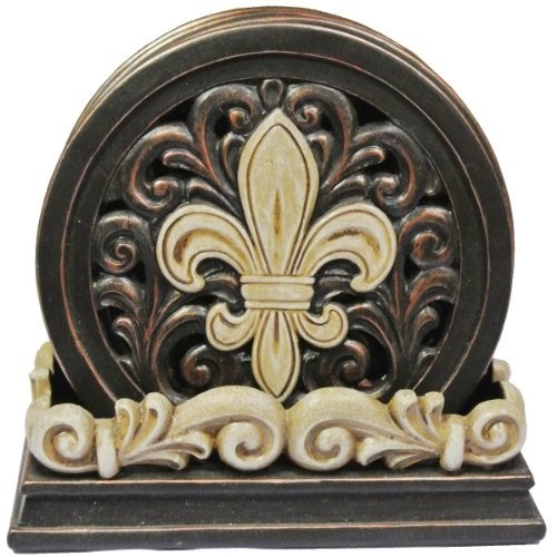 LL Home Fleur-De-Lis Carved Scrolls 4 Coaster Set - Image 5