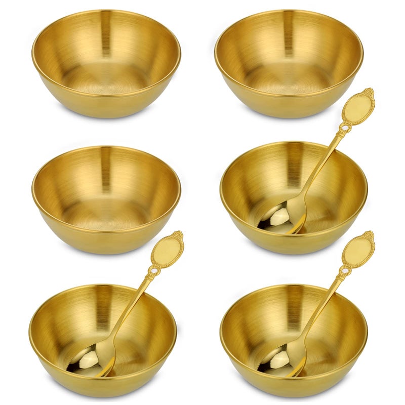 Dipping Bowls Set of 6 Stainless Steel Golden Dip Bowls Serving Dishes Set Tapas Bowls Small Bowls for Dips Ingredients Appetizer Sauce Nibbles Polished Snack Bowls with 3 Spoon Dishwasher Safe