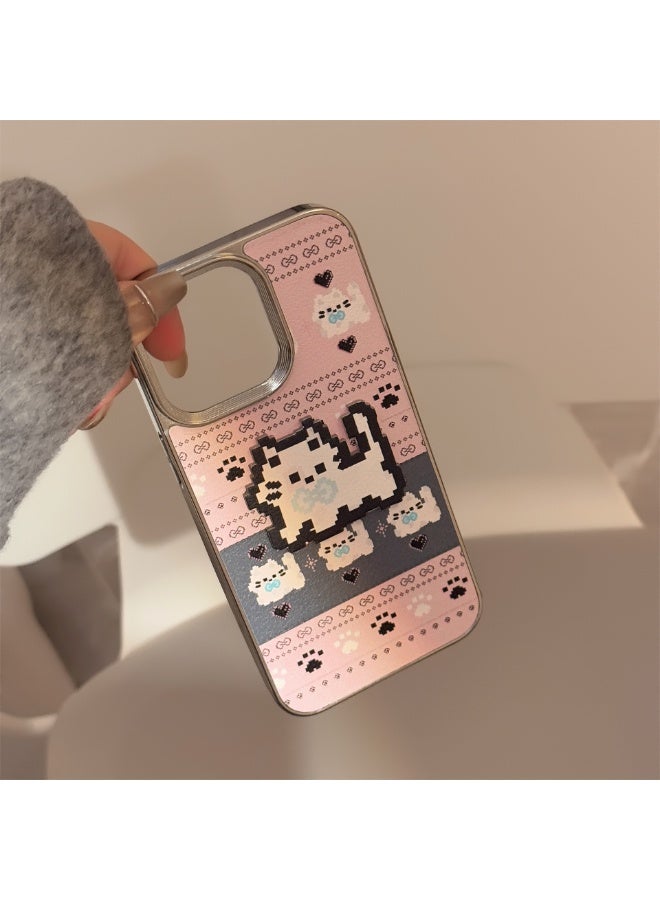 NIBEMINENT Pink And Gray Pixel Cat Stickers Protective TPU Case Cover For iPhone 17 Air, Silver Plating