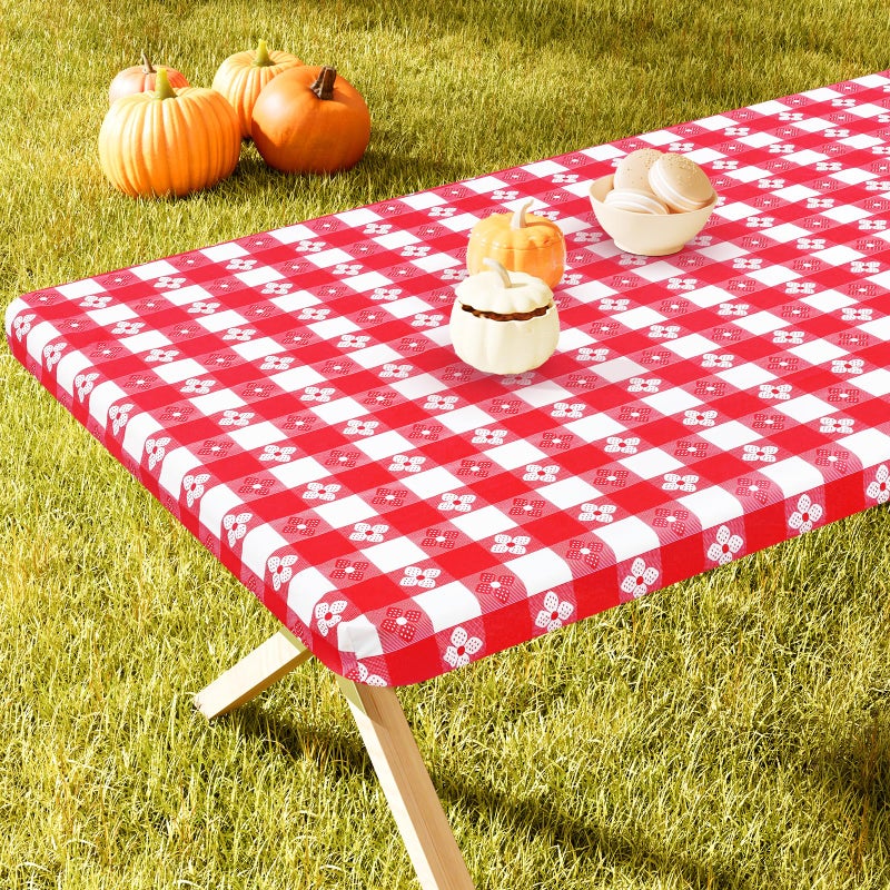 Spotjoy Rectangle Picnic Table Cloth  Waterproof Elastic Fitted Outdoor Table Covers for 6 Foot Tables  Flannel Backed Plastic Vinyl Tablecloths for Camping  Dining and Indoor (30""x72""  Red & White) - Image 2