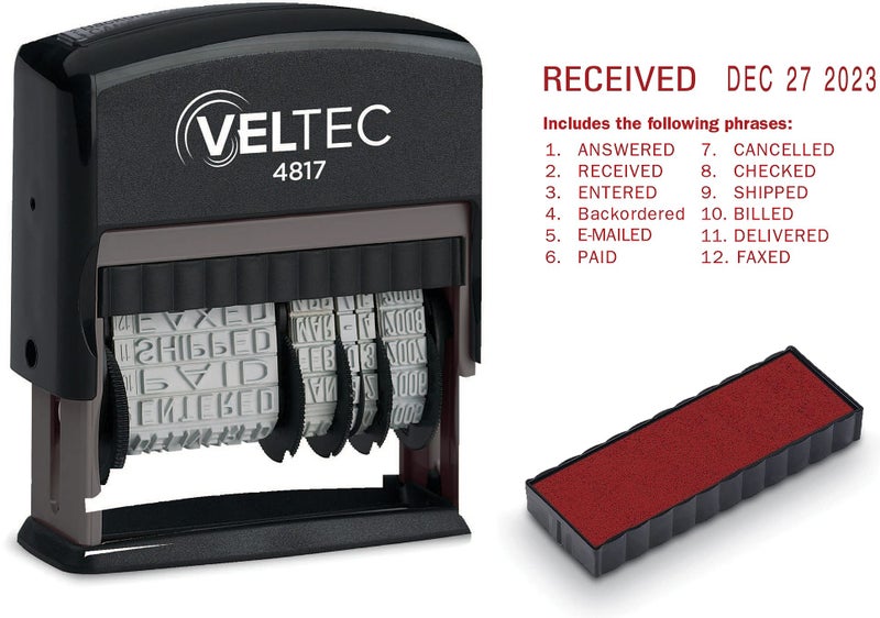 Veltec 4817 Date Stamp with 12 Changeable Messages Red
