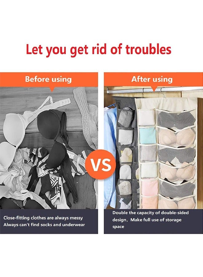 2 Pack Hanging Underwear Organizer for Closet, Double-Sided Wall Shelf Wardrobe Storage Bags, Oxford Cloth Space Saver Bag for Bra Underwear Underpants Socks (30 Pockets) - Image 3