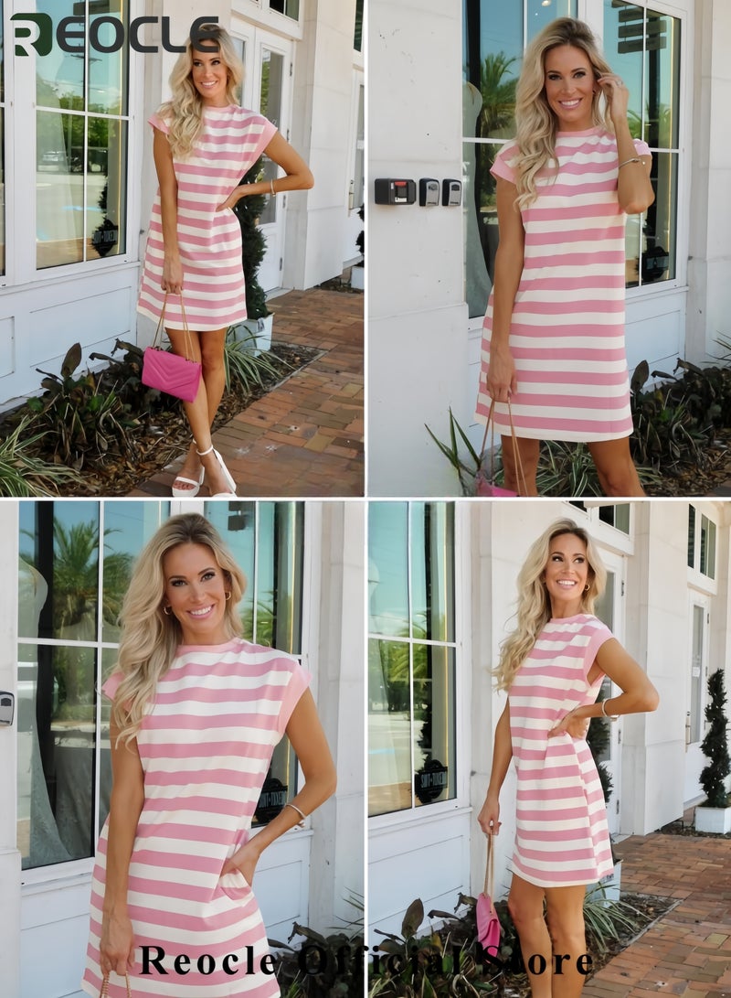 REOCLE Womens Striped Summer Dresses Crewneck Cap Sleeve Color Block Casual A Line Tshirt Dress with Pockets - Image 4