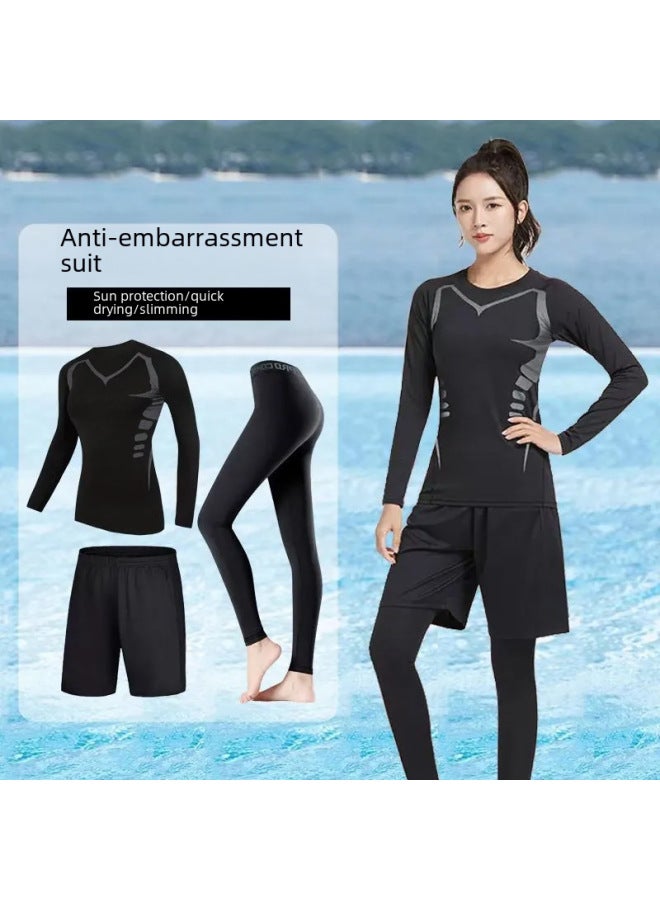 Generic Swimsuit Women's Split Large Size Conservative Swimming Trunks For Chubby Girls Long-sleeved Trousers For Students Sunscreen Diving Suit-Color:Women-black Line Elite Three-piece (plus Velvet)-Size:3XL - Image 2