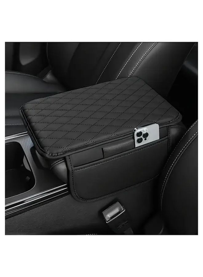 Beige Car Armrest Cushion With 2 Storage Pockets For Phone Receipts Cards - Image 1
