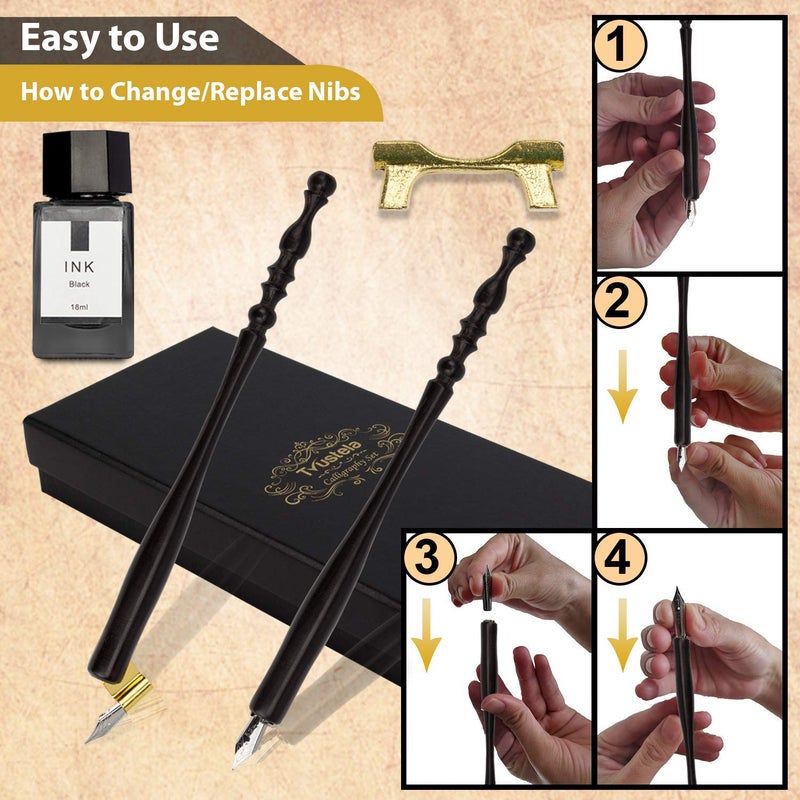 Trustela Calligraphy Set for Beginners, Dip Pen Set with 19 Nibs, Oblique Pen Holder, Wooden Pen Set - Image 3
