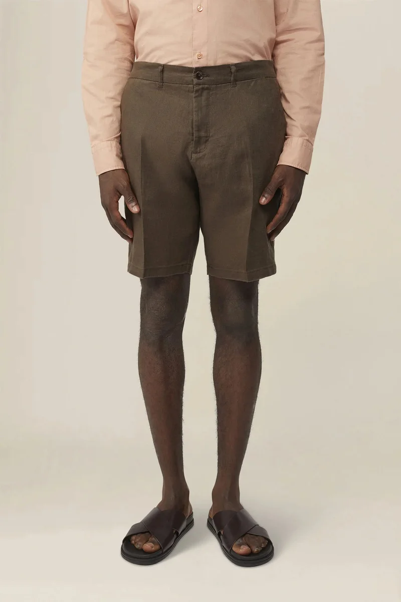 دوبل غانغر Men's 100% linen Bermuda shorts, regular fit - Brown