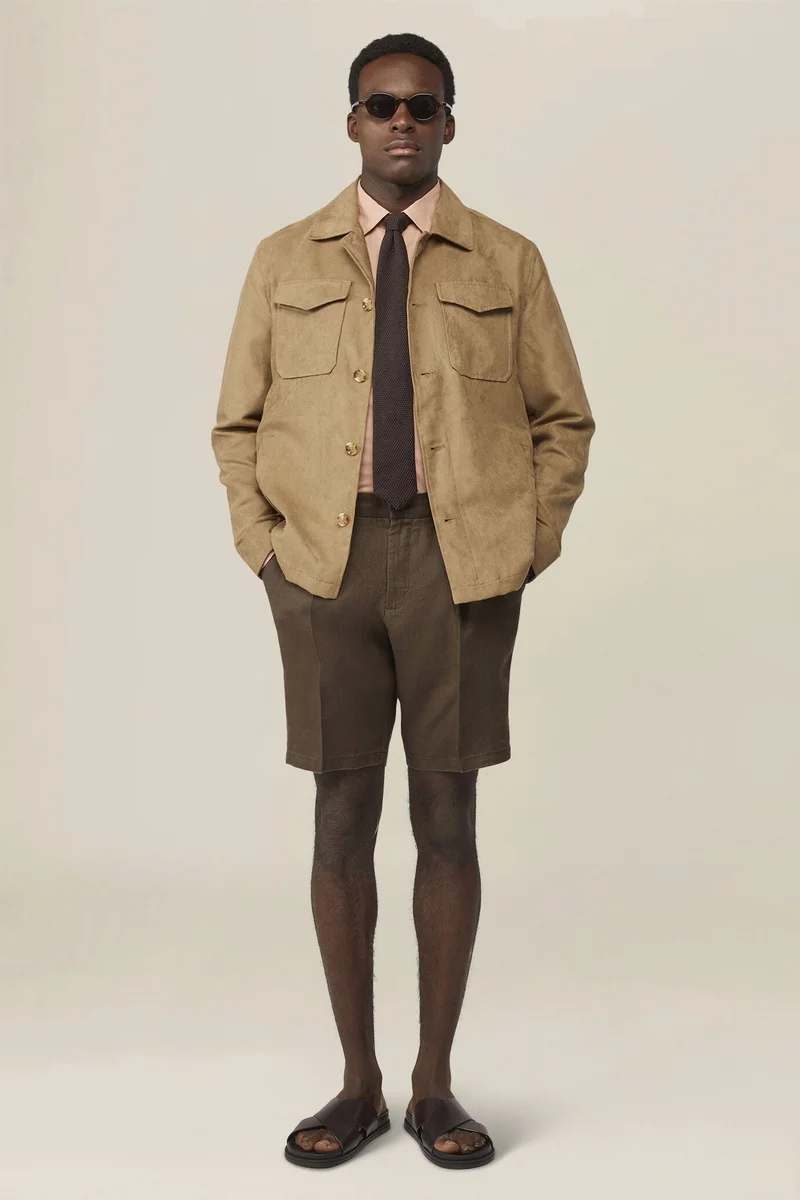 دوبل غانغر Men's 100% linen Bermuda shorts, regular fit - Brown