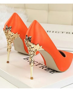 BIGTREE Women's Elegant Stiletto Pumps With 10 CM Personalized Metal Heel Elegant Gorgeous Closed Pointed Toe Slip On Solid High Heels Orange  - Image 3