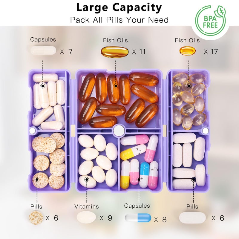 FYY Daily Pill Organizer, 7 Compartments Portable Travel Pill Case, [Folding Design] for Purse Pocket to Hold Vitamins,Cod Liver Oil,Supplements and Medication-Purple - Image 2