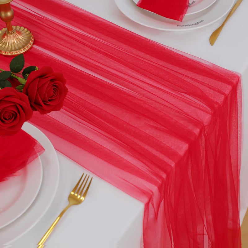 Snowkingdom Red Table Runner, 10FT Sheer Tulle Cheesecloth Gauze Table Runner, Boho Rustic Vintage Cheese Cloth for Christmas Wedding Party Bridal Baby Shower Long Table Decorations 120 inch - Image 1