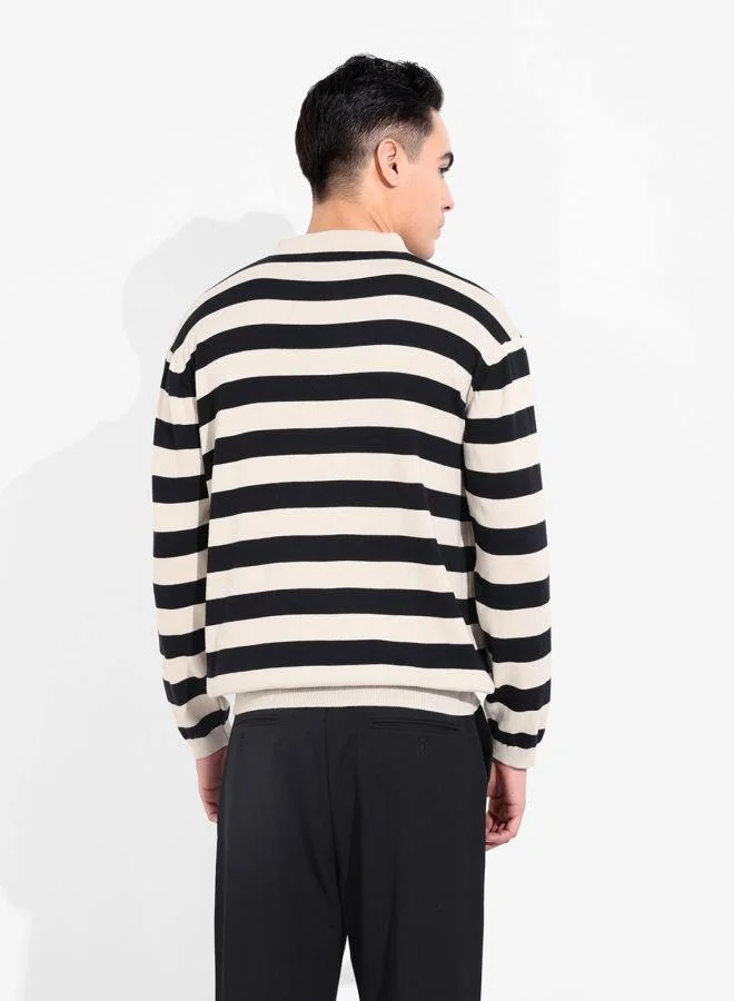 شركة المرآب الهندية Men Oversized Fit Striped Polo Neck Full Sleeves T-Shirt