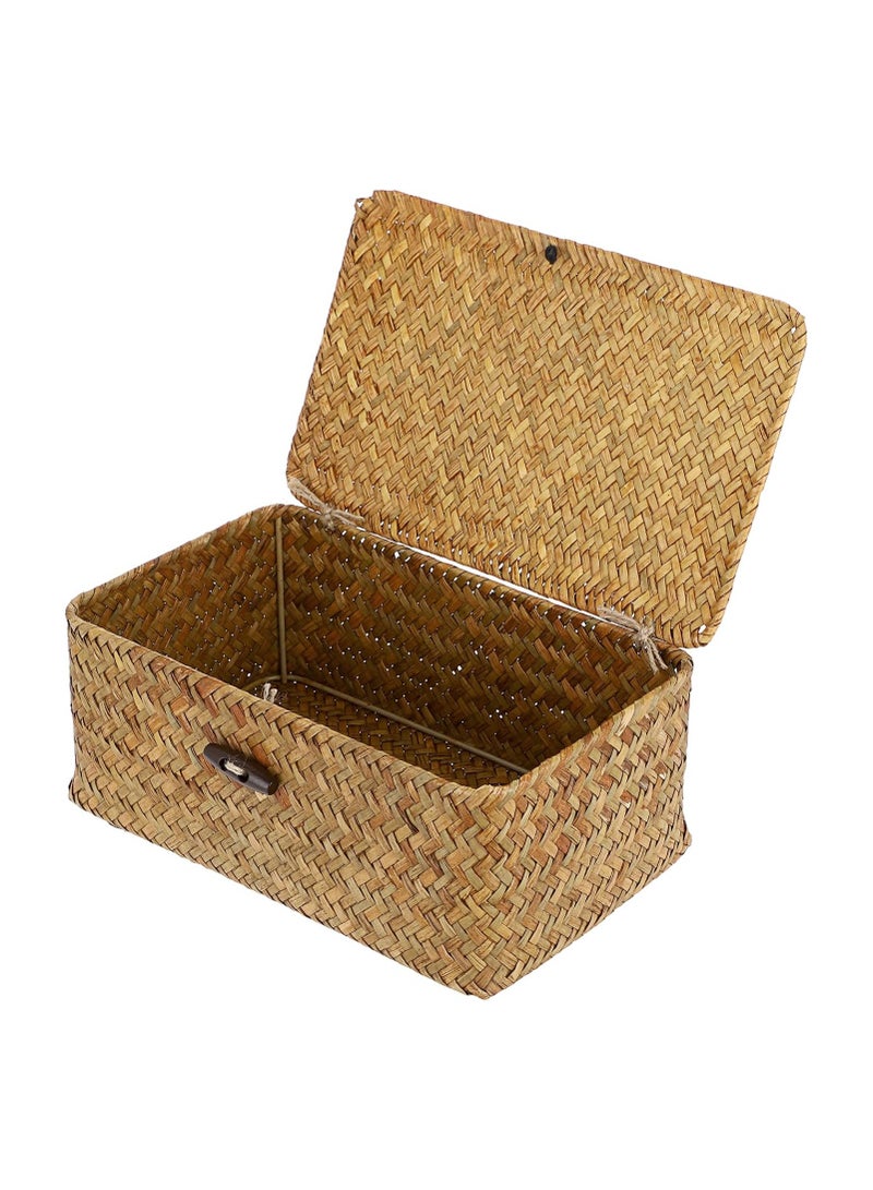 Wicker Shelf Baskets Bin with Lid, Handwoven Seagrass Basket Storage Bins Rectangular Household Basket Boxes for Shelf Wardrobe Home Organizer, Caramel Small  - Image 1