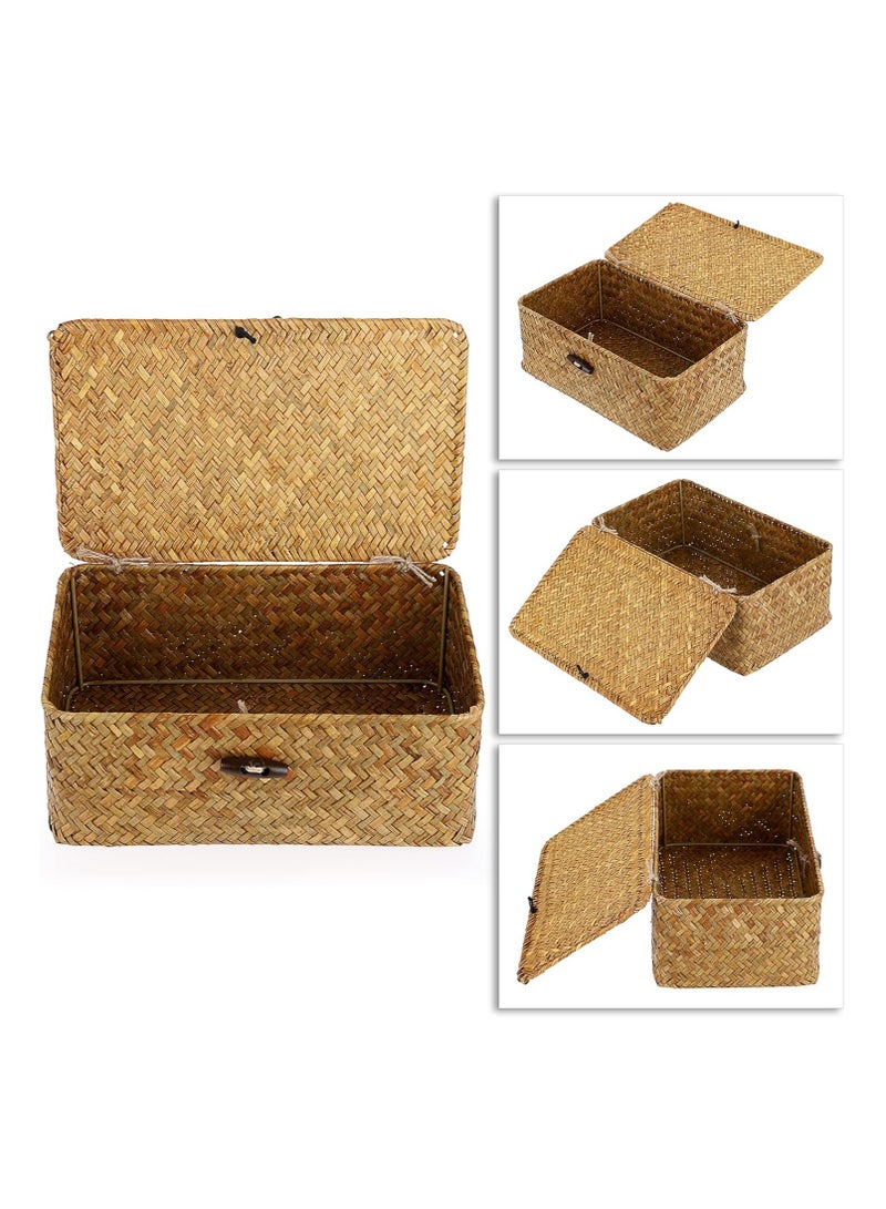 Wicker Shelf Baskets Bin with Lid, Handwoven Seagrass Basket Storage Bins Rectangular Household Basket Boxes for Shelf Wardrobe Home Organizer, Caramel Small  - Image 3