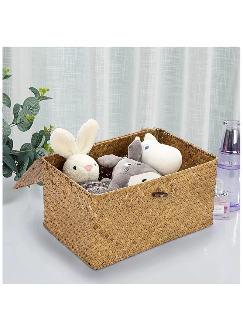 Wicker Shelf Baskets Bin with Lid, Handwoven Seagrass Basket Storage Bins Rectangular Household Basket Boxes for Shelf Wardrobe Home Organizer, Caramel Small  - Image 5