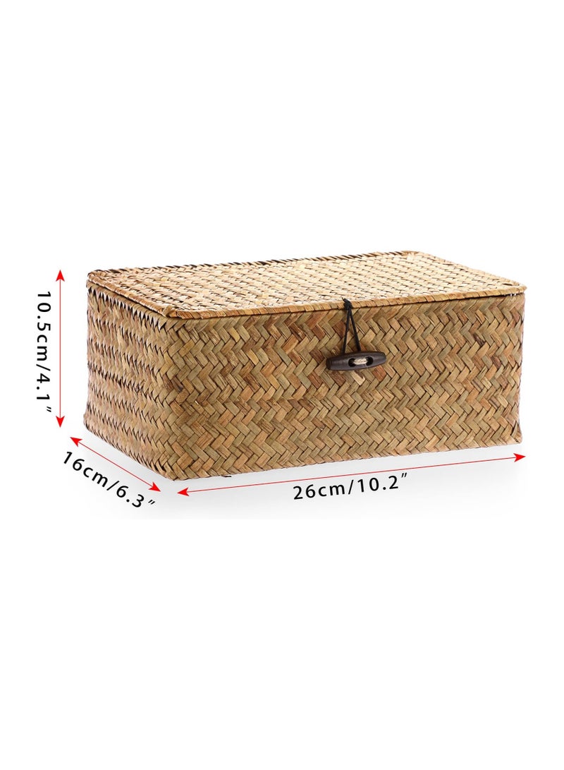 Wicker Shelf Baskets Bin with Lid, Handwoven Seagrass Basket Storage Bins Rectangular Household Basket Boxes for Shelf Wardrobe Home Organizer, Caramel Small  - Image 4