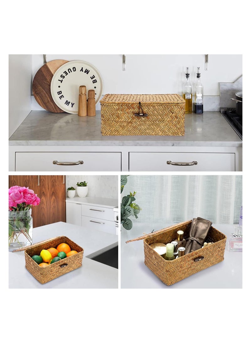 Wicker Shelf Baskets Bin with Lid, Handwoven Seagrass Basket Storage Bins Rectangular Household Basket Boxes for Shelf Wardrobe Home Organizer, Caramel Small  - Image 2