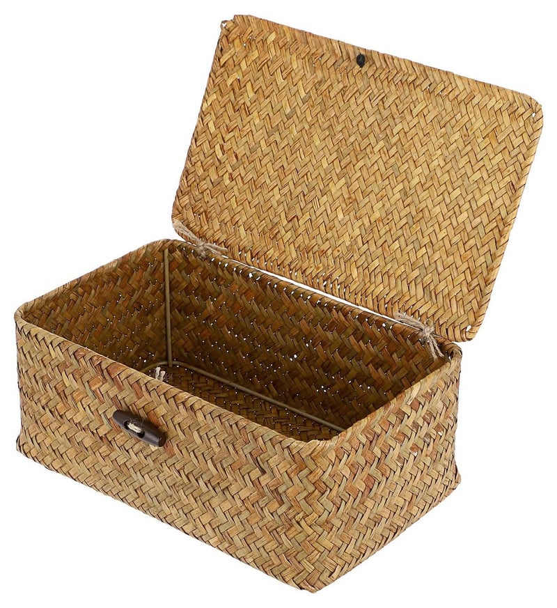 Wicker Shelf Baskets Bin with Lid, Handwoven Seagrass Basket Storage Bins Rectangular Household Basket Boxes for Shelf Wardrobe Home Organizer, Caramel Small - Image 1