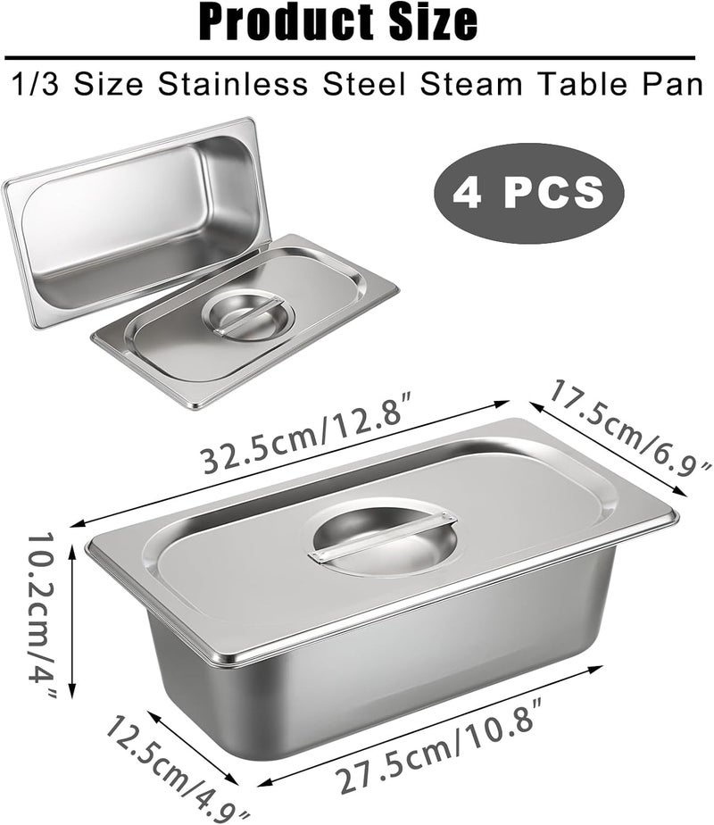 BSTKEY 4 Pack 1/3 Size 3-5/8" Depth Hotel Pan with Lids, Stainless Steel Steam Table Pan, Stackable Metal Catering Pans Commercial Food Pans for Kitchen Restaurant Buffet Party Supplies - Image 2