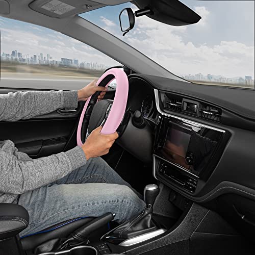 BDK غطاء عجلة قيادة وردي فائق النعومة، ملحقات سيارات للجنسين، غطاء عجلة قيادة مريح غير قابل للانزلاق من الجلد الصناعي للسيارات والشاحنات والفانات وسيارات الدفع الرباعي - يناسب عجلات القيادة القياسية بحجم 15 بوصة - Image 4