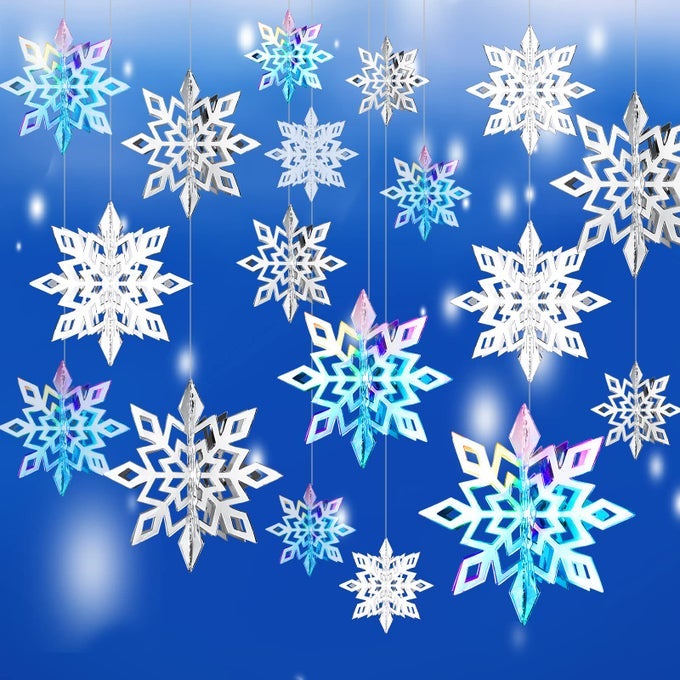 3D Hollow Christmas Winter Hanging Snowflakes Ornaments Decorations Glittery Large Snowflake Pendant Garlands for Winter Wonderland Party Home Decoration Silver White Laser Color18 Pieces