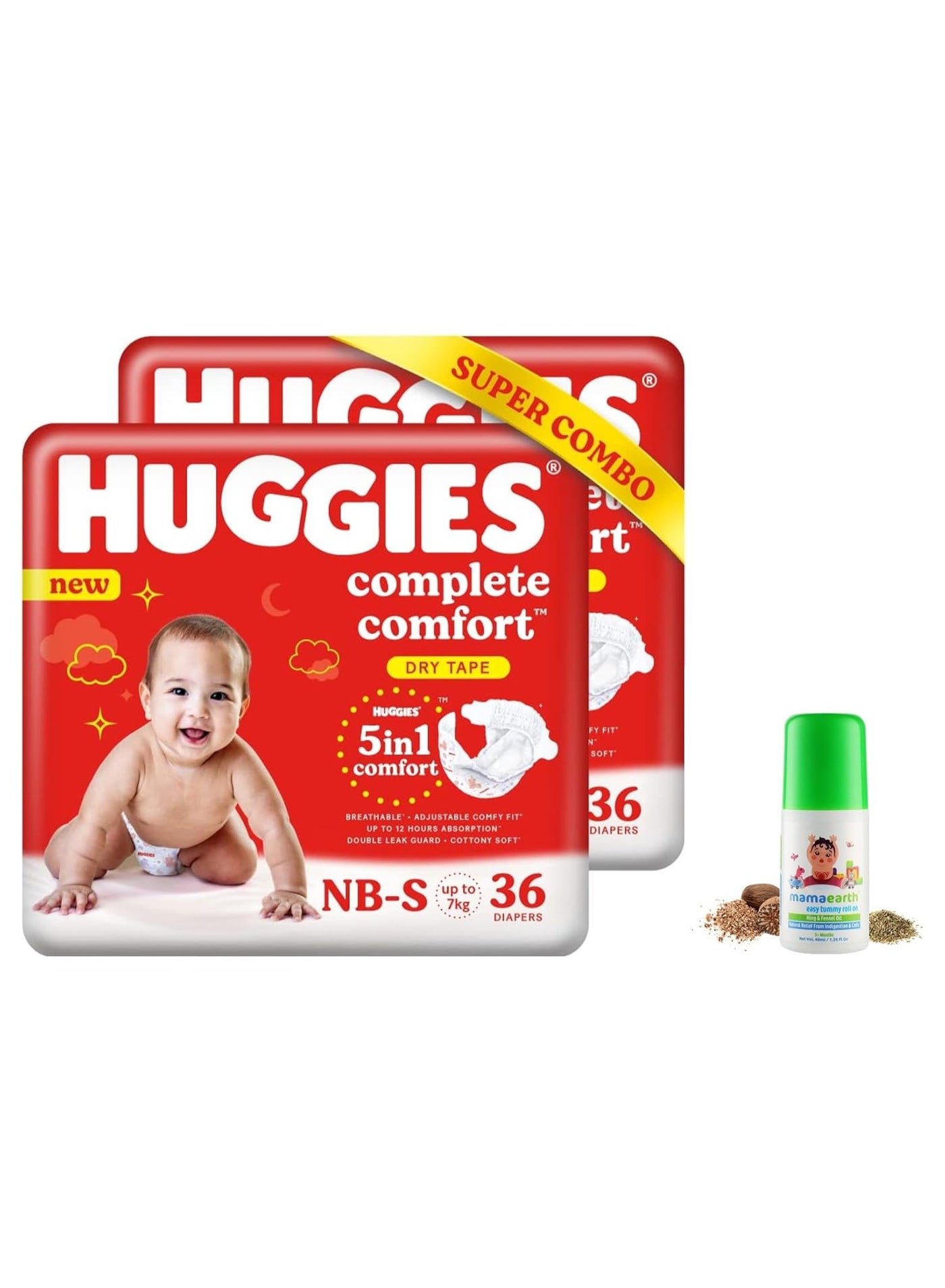 Huggies Complete Comfort Dry Tape Newborn - Small (NB-S) Size Baby Tape Diapers, Combo Pack of 2, 36 count per pack, 72 count & Mamaearth Easy Tummy Roll On Oil - 40ml