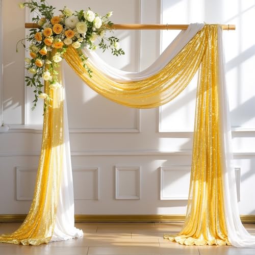 PARTISKY Wedding Arch Draping Fabric, 1 Panel 28" x19ft White Arch Drapes & 1 Panel 16" x19ft Gold Sequin Fabric Drapes Arbor Backdrop Curtain for Wedding Arch Ceremony Bridal Shower Reception - Image 1