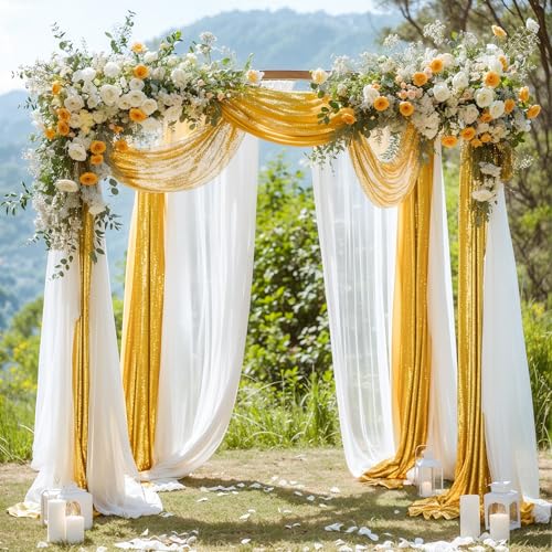 PARTISKY Wedding Arch Draping Fabric, 1 Panel 28" x19ft White Arch Drapes & 1 Panel 16" x19ft Gold Sequin Fabric Drapes Arbor Backdrop Curtain for Wedding Arch Ceremony Bridal Shower Reception - Image 3