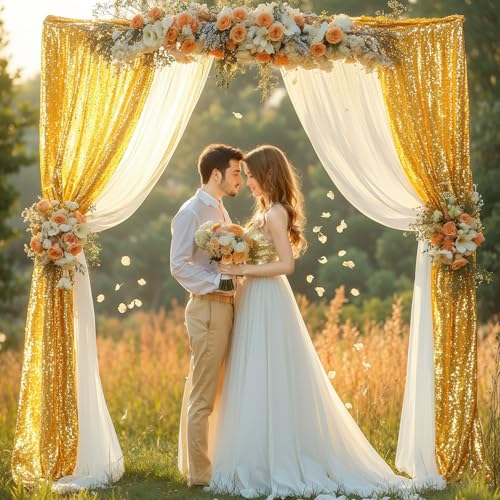 PARTISKY Wedding Arch Draping Fabric, 1 Panel 28" x19ft White Arch Drapes & 1 Panel 16" x19ft Gold Sequin Fabric Drapes Arbor Backdrop Curtain for Wedding Arch Ceremony Bridal Shower Reception - Image 4