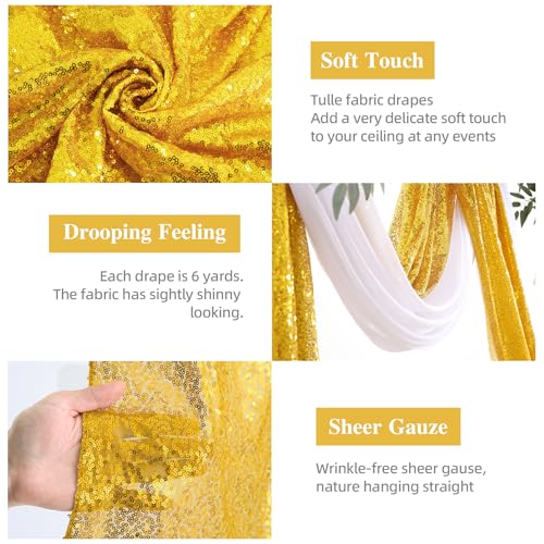 PARTISKY Wedding Arch Draping Fabric, 1 Panel 28" x19ft White Arch Drapes & 1 Panel 16" x19ft Gold Sequin Fabric Drapes Arbor Backdrop Curtain for Wedding Arch Ceremony Bridal Shower Reception - Image 2