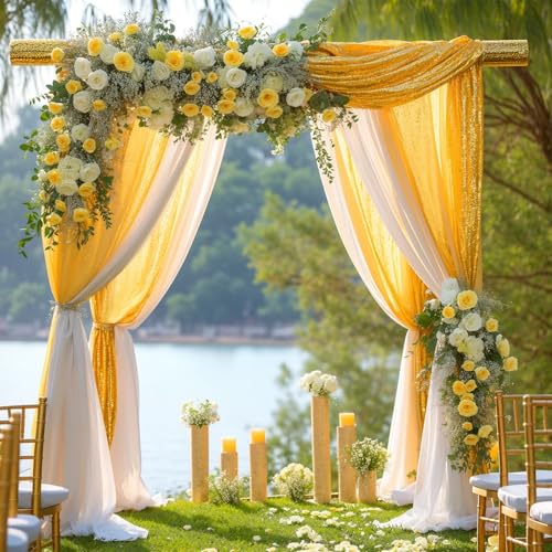 PARTISKY Wedding Arch Draping Fabric, 1 Panel 28" x19ft White Arch Drapes & 1 Panel 16" x19ft Gold Sequin Fabric Drapes Arbor Backdrop Curtain for Wedding Arch Ceremony Bridal Shower Reception - Image 5