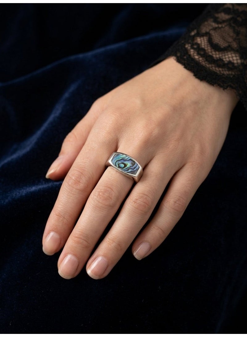 Kanira Premium 925 Sterling Silver Jewelllery Geometric Inlay Abalone Shell Ring | Premium Band for Women | KANIRA | Size 7 - Image 1