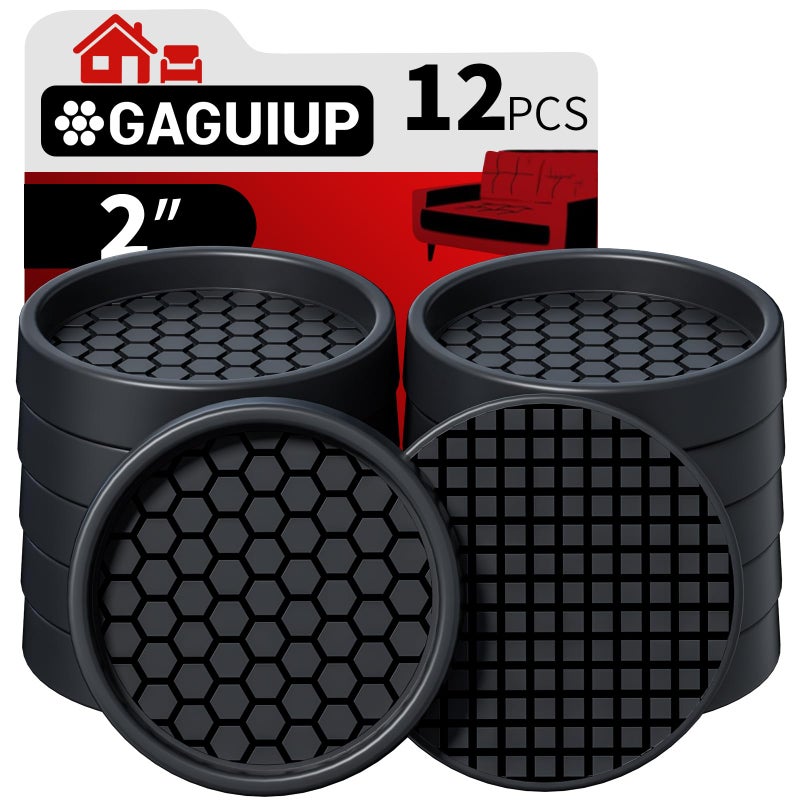 GAGUIUP Non Slip Furniture Pads - 2" Anti Skid Caster Cups, 12PCS Round Furniture Coasters for Hardwood Floors, Anti Slide Furniture Cup Bed Couch Floor Protectors,Furniture Stoppers to Prevent Sliding(Black) - Image 1