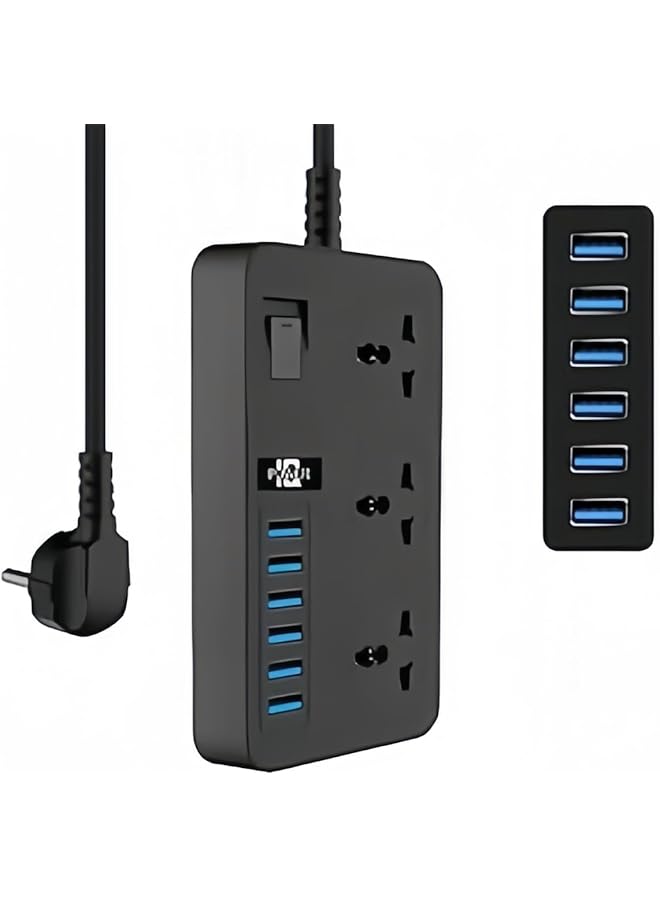 promass Universal Power Strips 3 Way Outlets 6 (3.1A) Usb Ports, Surge Protection Socket Switch Portable Charger 2 Meters Wall Adapter Cord, Fuse & Power Extension Lead.. (Black) - Image 1