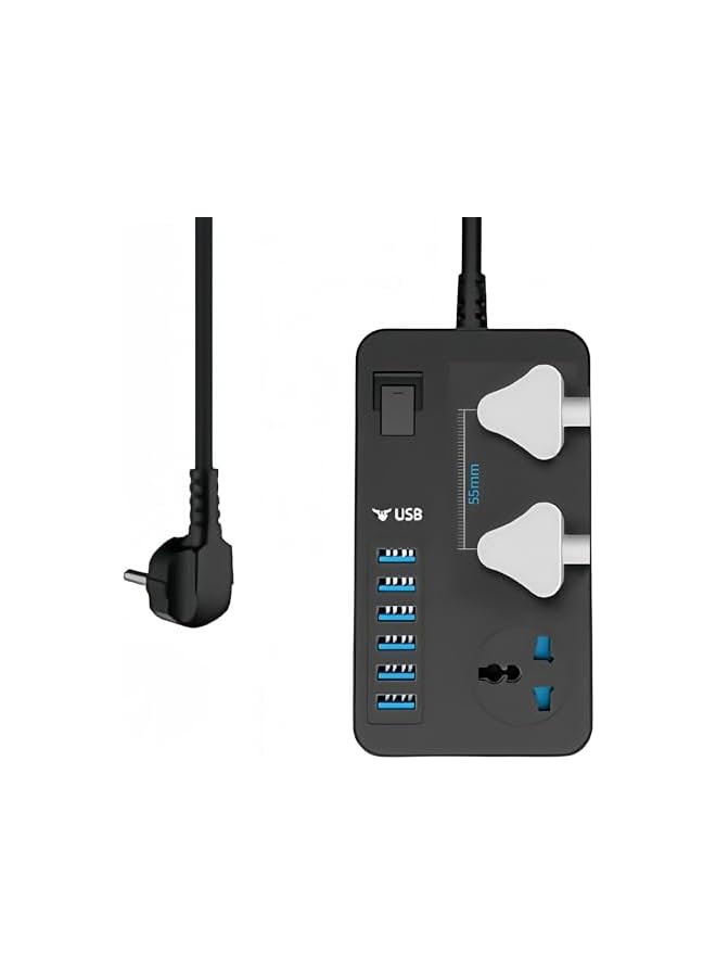promass Universal Power Strips 3 Way Outlets 6 (3.1A) Usb Ports, Surge Protection Socket Switch Portable Charger 2 Meters Wall Adapter Cord, Fuse & Power Extension Lead.. (Black) - Image 2