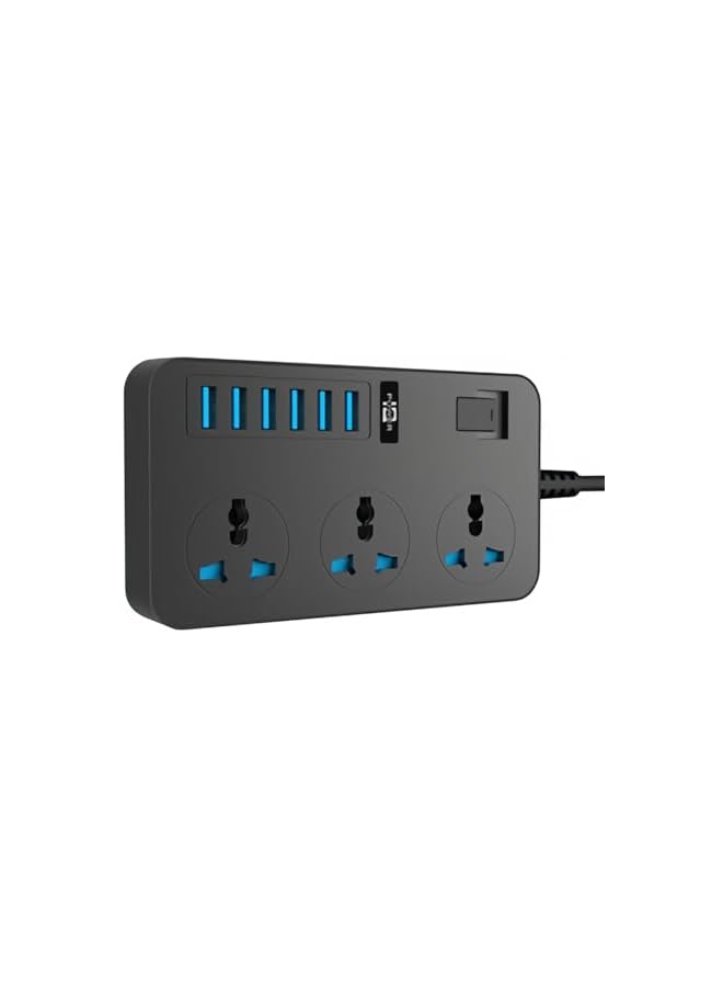 promass Universal Power Strips 3 Way Outlets 6 (3.1A) Usb Ports, Surge Protection Socket Switch Portable Charger 2 Meters Wall Adapter Cord, Fuse & Power Extension Lead.. (Black) - Image 4
